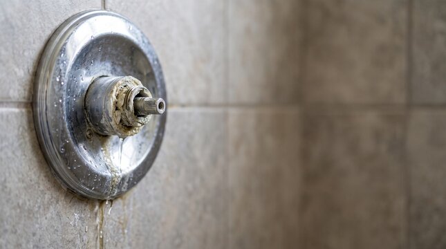 Shower faucet handle mechanism with heavy limescale buildup and calcium deposits. Water leak