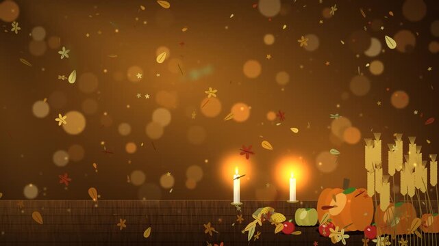 Orange pumpkin and candles with falling autumn leaves Thanksgiving Halloween concept