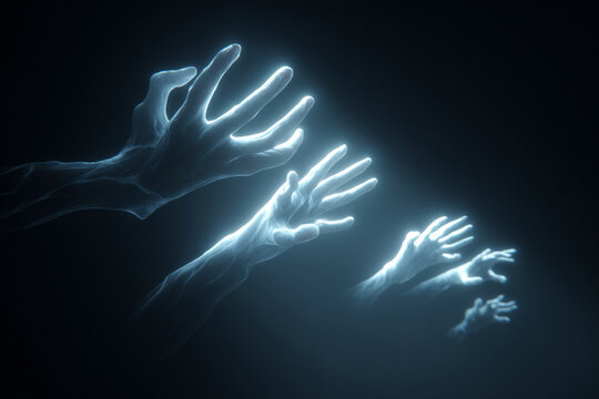 Translucent ghost hands glowing faintly in deep black space with