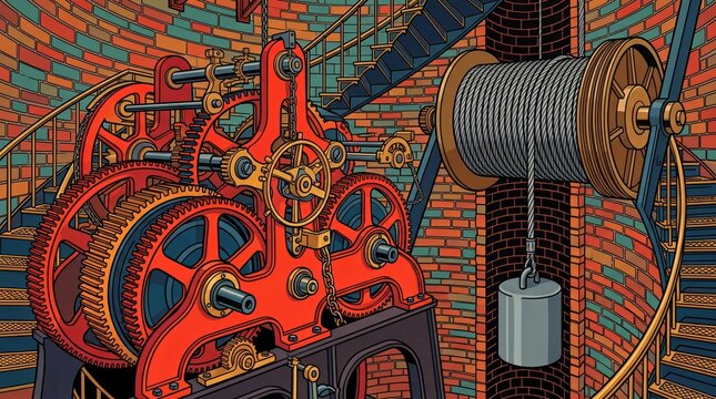 Steampunk Lighthouse Clockwork Timing Mechanism With Heavy Cable Pulley System