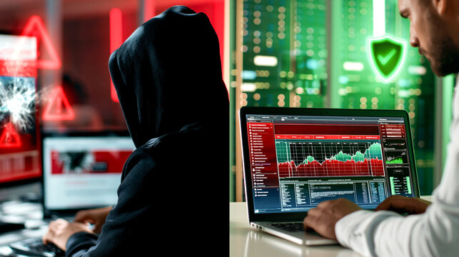 A split screen showing a faceless hacker in a black hoodie attacking a system on the left, and a cybersecurity expert defending it with a laptop on the right.