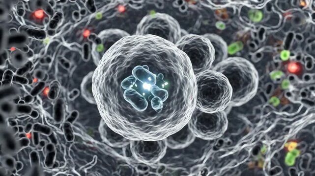 Numerous microbial particles and inflammatory signals surrounding a population of stem and progenitor cells. Glowing antibiotic-associated molecules gradually move through the surrounding fluid
