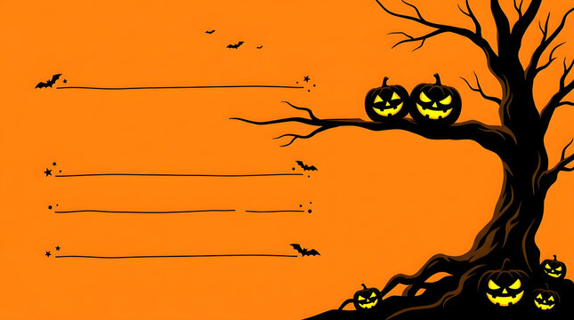 Halloween carved pumpkins bats flying on orange wooded background