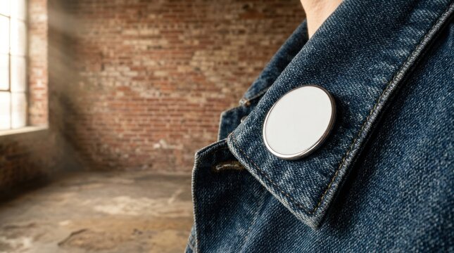 Blank white pin button badge on blue denim jacket.