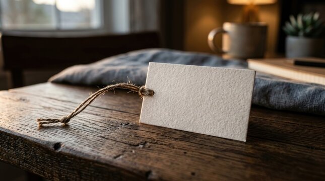 Blank white paper tag with twine on rustic table.