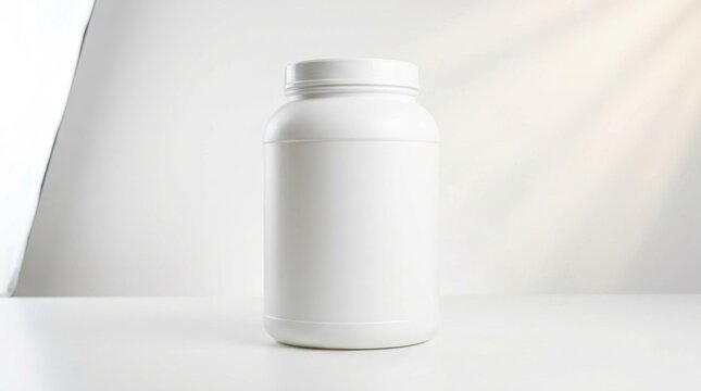 Blank white plastic supplement jar mockup on white background.