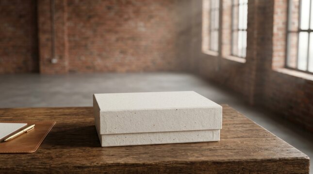 Blank white rectangular cardboard box mockup on rustic wooden table.