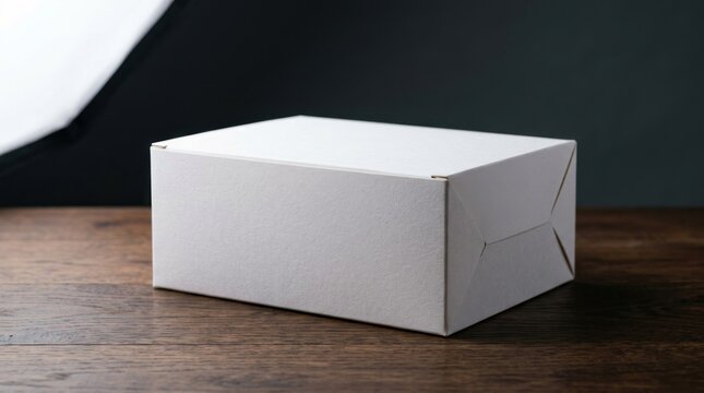 Blank white rectangular cardboard box on dark wooden surface.