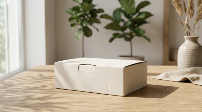 Blank white rectangular gift box on light wooden surface.
