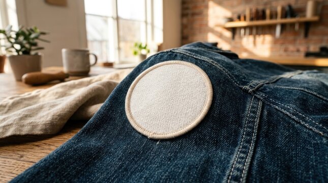Blank white round embroidery patch on blue denim jacket