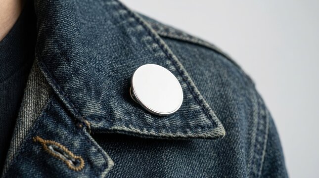 Blank white round pin badge on denim jacket.