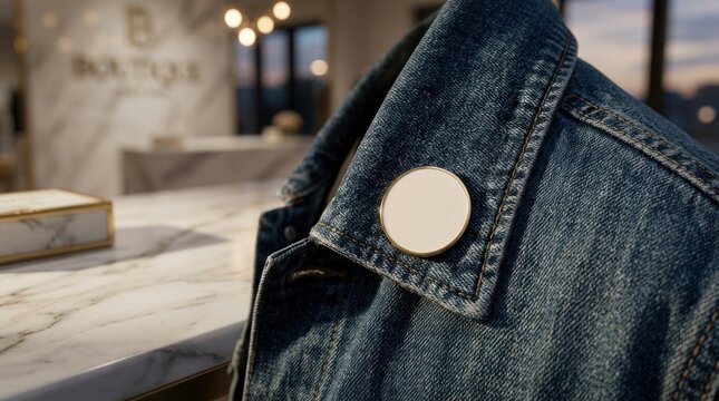 Blank white round pin badge on blue denim jacket.