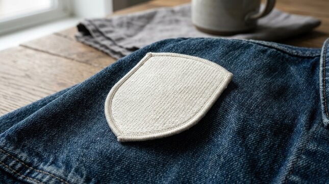 Blank white shield shaped patch on denim jacket