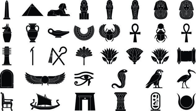 Ancient Egypt culture symbols vector collection featuring pyramids sphinx pharaoh statues eye of horus and ankh icons,
