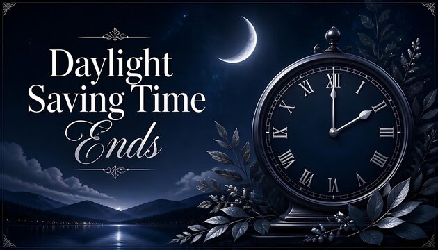 Night time pocket watch pointing to two o'clock under crescent moon for daylight saving ends concept with fall back roman numerals horology celestial nighttime mystical