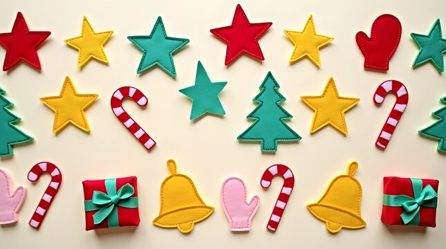 Handmade felt Christmas ornaments stars trees candy canes and gifts