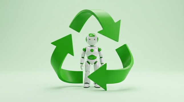 A small white and green robot stands centered inside a large green triangular recycling symbol with synthetic