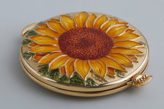 Sunflower compact mirror with gold leaf detailing and green foliage
