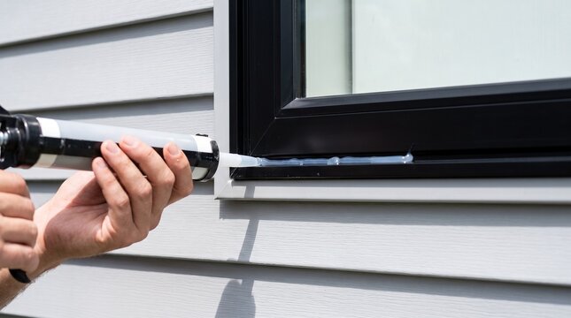 Applying silicone sealant to exterior window frame, caulking waterproof insulation gap, home improvement maintenance worker, construction diy project