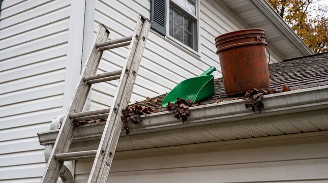 House gutter cleaning maintenance with ladder, plastic scoop tool and orange bucket on residential roof and vinyl siding exterior, autumn home improvement maintenance project