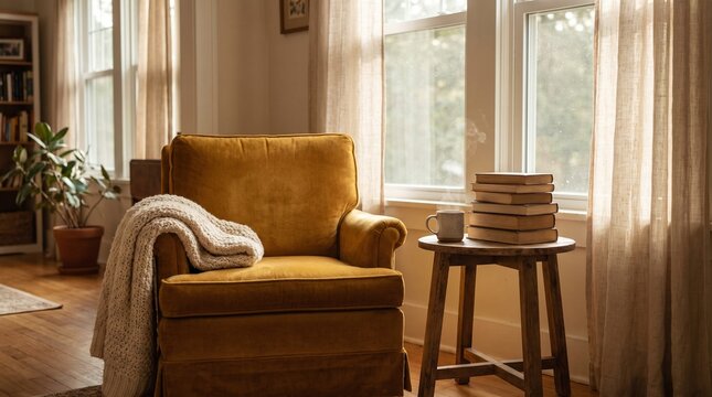 Yellow armchair with cozy knitted blanket, steaming coffee mug, and stack of books on wooden side table, brightly lit living room interior, comfortable home decor lifestyle photography