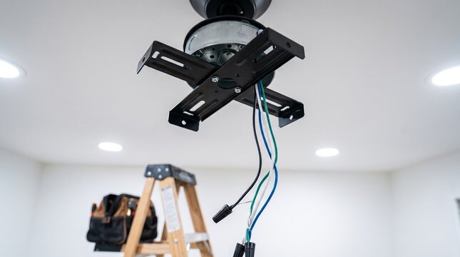 Ceiling fan mounting bracket and electrical wiring, electrical installation process, hanging hardware on ceiling, residential home improvement