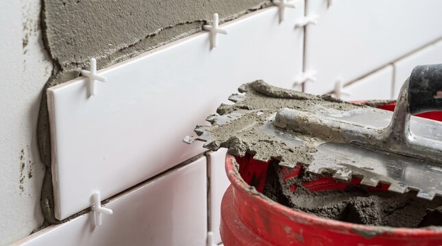 Tiler laying white ceramic wall tiles, notching thinset mortar with a notched trowel, tile spacers and adhesive bucket during home renovation