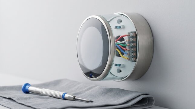 Smart thermostat installation, circular device with exposed wiring and terminal block, small screwdriver on fabric cloth, white wall interior setting, modern home technology