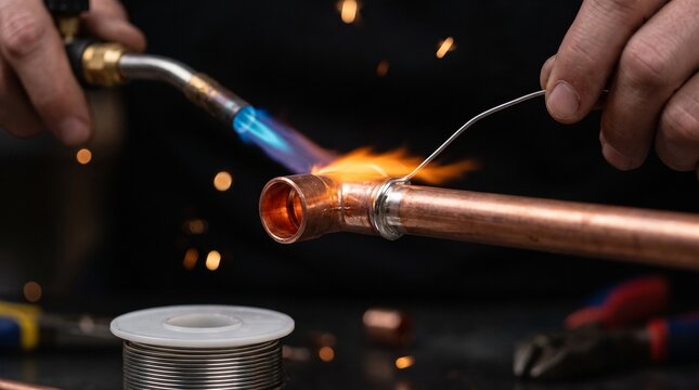 Plumber soldering copper pipe with gas torch, heating metal fitting with blue flame and solder wire
