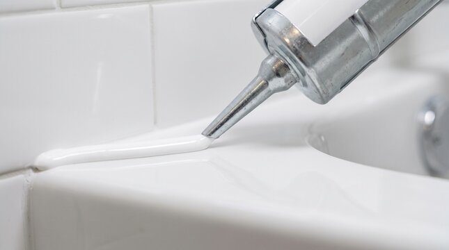 Caulking a bathtub seam with white silicone sealant from a caulking gun, bathroom renovation and home improvement project, close up shot with natural lighting