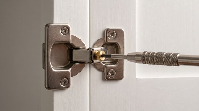 Cabinet door hinge adjustment, adjusting concealed cup hinge with screwdriver, close up view of hardware installation on white furniture, DIY home improvement and repair