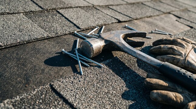 Roofing hammer, steel nails, and protective work gloves, resting on asphalt shingle roof, construction and home improvement