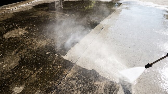 Pressure washer cleaning dirty concrete driveway surface, high pressure water jet removing grime and moss from pavement, outdoor home maintenance work