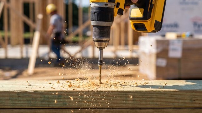 Cordless power drill driving screw into wooden beam, sawdust particles flying, construction site background