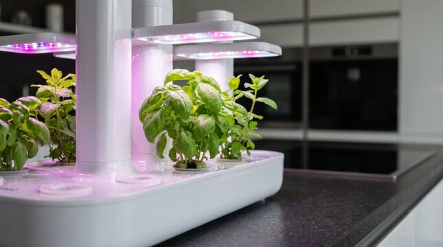 Modern indoor hydroponic garden with fresh green basil and herbs growing under glowing LED grow lights on a kitchen countertop, smart urban farming device, home gardening concept