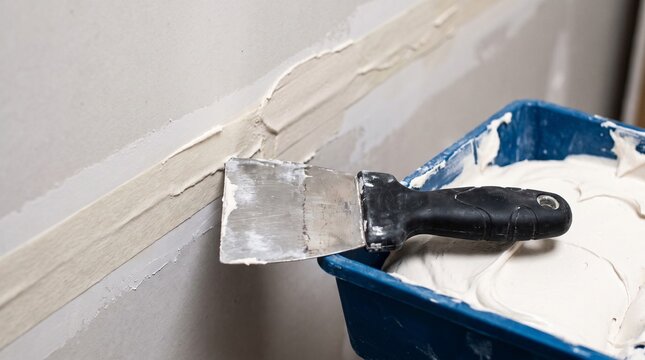 Drywall joint compound application, putty knife resting on blue plastic mud tray, taping seam on plaster wall, interior home renovation construction work, DIY home improvement building interior
