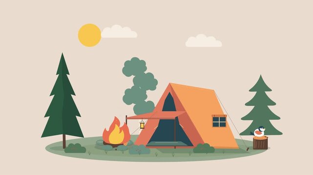 Premium 4K 2D flat vector cartoon animation of an outdoor wilderness campsite, featuring a retro ridge tent with awning, crackling campfire, forest pine trees, drifting clouds