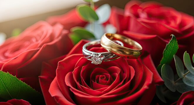 A close-up shot showcases a pair of wedding rings nestled amongst a vibrant bouquet of red roses.