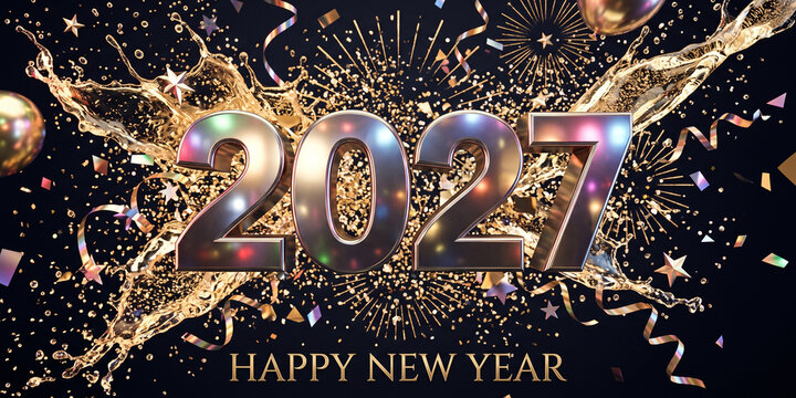 Happy New Year 2027 with Gold Numbers, Glitter and Fireworks