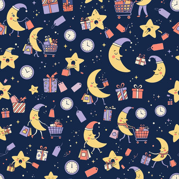 Moon Characters Shopping Holiday Pattern