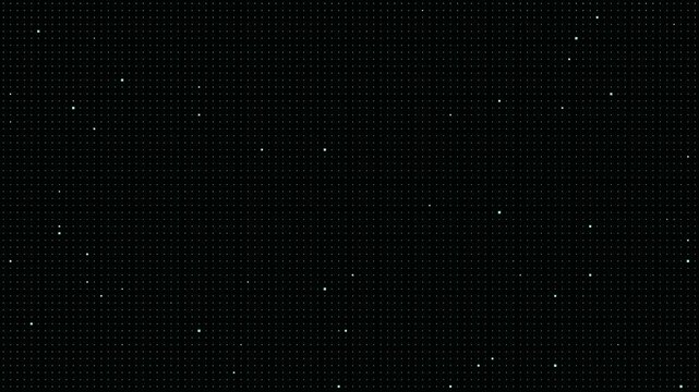 Glowing green digital pixel dots forming dynamic audio equalizer grid patterns over dark black background for technology abstract graphics