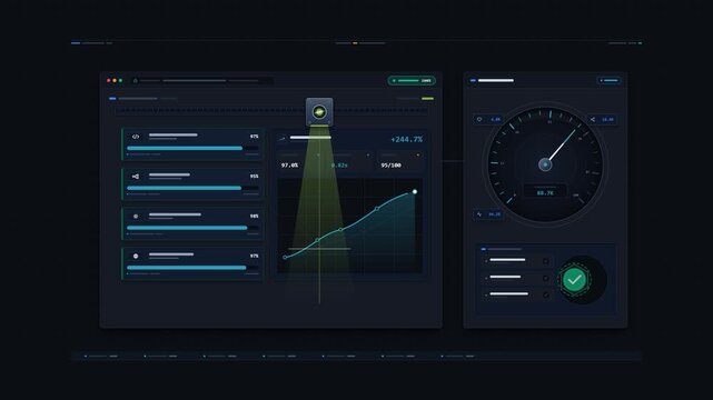 Premium 4K motion design animation showing digital marketing audit consultation dashboard, featuring SEO crawler scanner, real-time website performance data inspection
