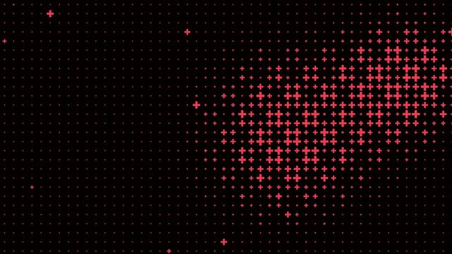 Abstract red glowing cross pattern pulsating and shifting dynamically across dark background for modern digital technology interface design presentation concept