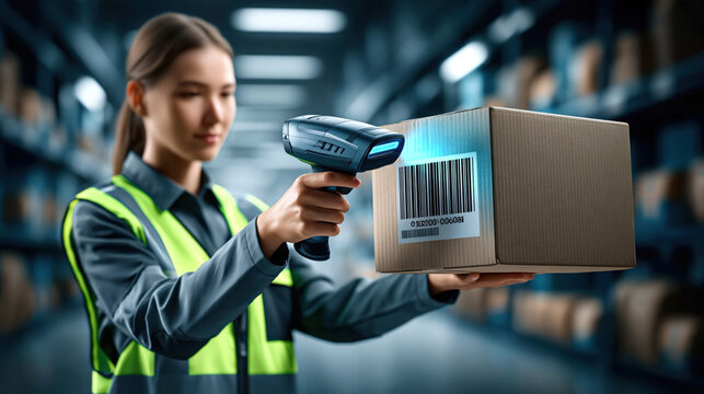 Warehouse worker scanning cardboard package with handheld barcode reader and focused expression logistics facility with shelving and boxes