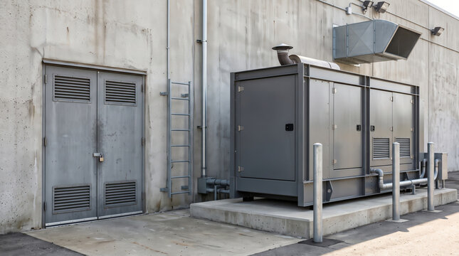 Industrial emergency power generator beside concrete utility building. Alternative backup electricity energy supply system voltage service machine