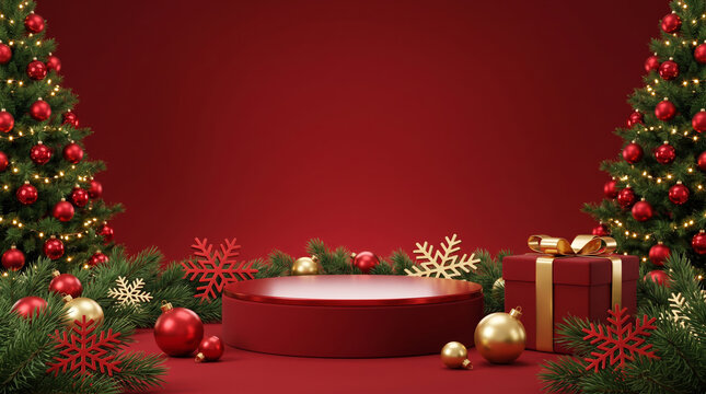 Christmas marketing campaign mockup red background podium display copy space festive holiday product. Merry christmas new year holiday celebration cosy decoration advertise copy space background