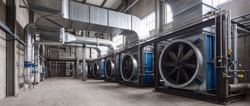 Industrial ventilation system with large axial fans and air ducts. Commercial HVAC plant room equipment for air filtration and climate control