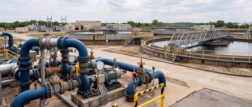 Industrial water treatment facility with filtration tanks and blue piping pumps. Wastewater processing plant with outdoor clarifier basins and machinery