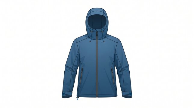 Blue outdoor technical jacket with hood waterproof windbreaker for hiking and adventure apparel flat sketch illustration isolated on white background