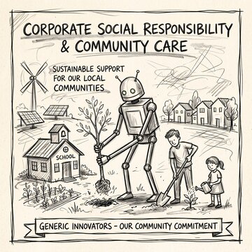 Hand drawn sketch illustration of robot and children planting trees in community